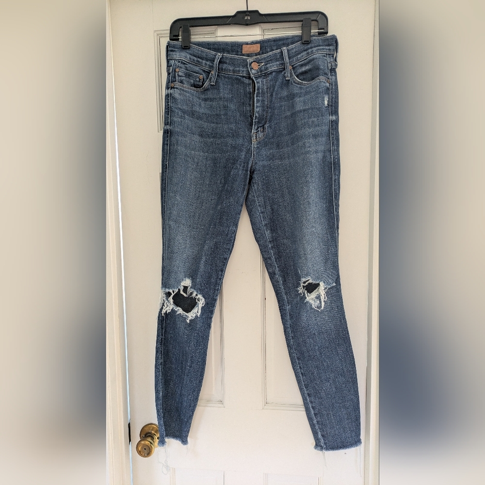 MOTHER Women's Ankle Cropped Distressed Jeans in Dark Blue
